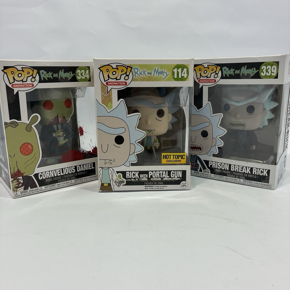 Funko Pop Rick and Morty Lot of 3 Rick Portal Gun 114 Cornvelious 334 Rick 339